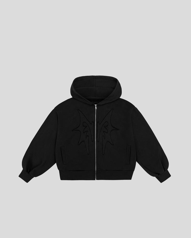 Distressed M zip hoodie front