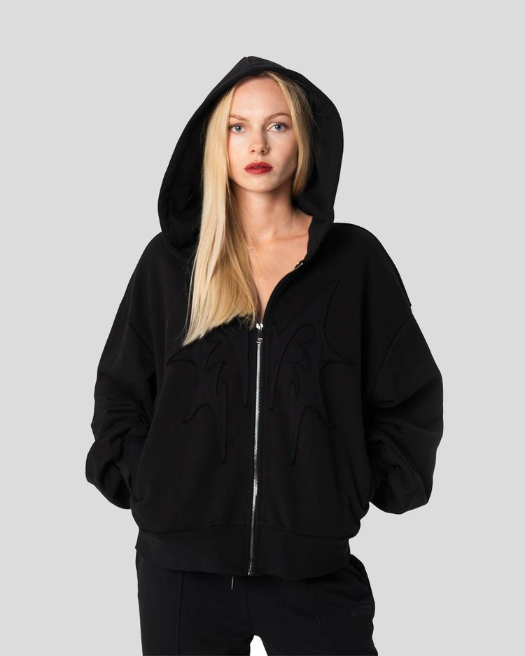 Distressed M zip hoodie back